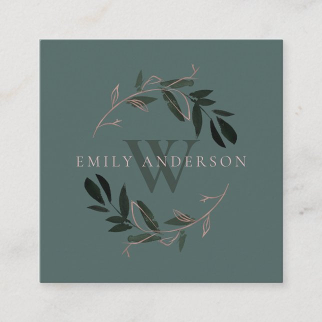 DARK GREEN PINK FAUNA INITIAL WREATH PROFESSIONAL SQUARE BUSINESS CARD (Front)