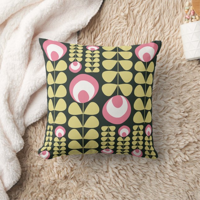 Dark Green, Pink, Yellow Mid Mod Flowers Pattern Cushion (Blanket)