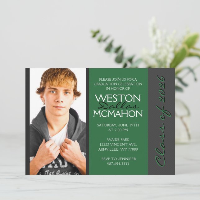 Dark Green & Pinstripe Grey Photo Graduation Invitation (Standing Front)