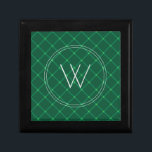 Dark green plaid festive custom monogram flask gift box<br><div class="desc">Elegant winter holidays gift,  dark green plaid pattern,  round frame personalised monogram,  christmas green checkers tiles</div>
