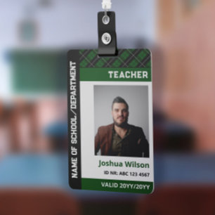 Dark Green Plaid Photo ID School Teacher ID Badge
