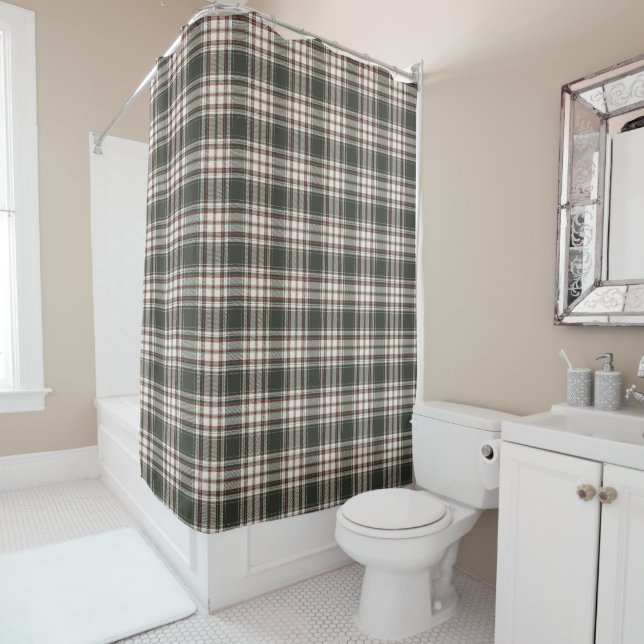 Dark Green Plaid Shower Curtain with Ivory and Red (In Situ)