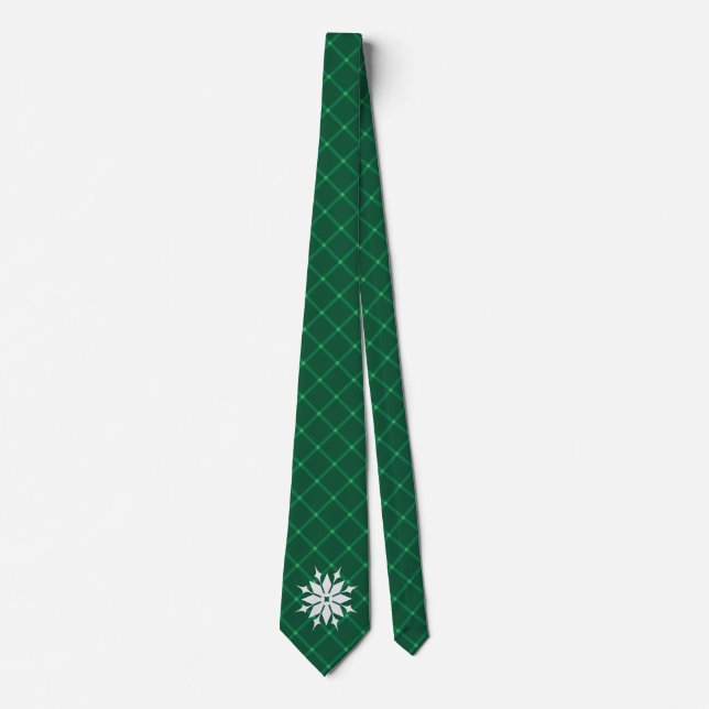 Dark green plaid winter holidays snowflake  tie (Front)