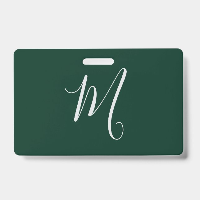 Dark Green Plain Elegant Modern Own Name Monogram ID Badge (Front)