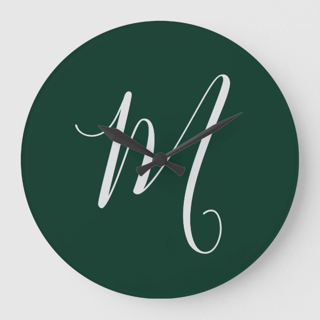 Dark Green Plain Elegant Modern Own Name Monogram Large Clock (Front)