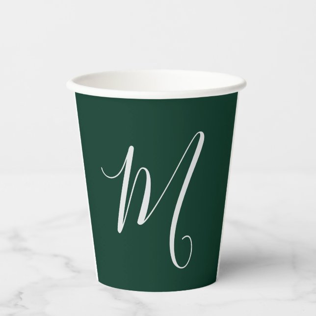 Dark Green Plain Elegant Modern Own Name Monogram Paper Cups (Front)