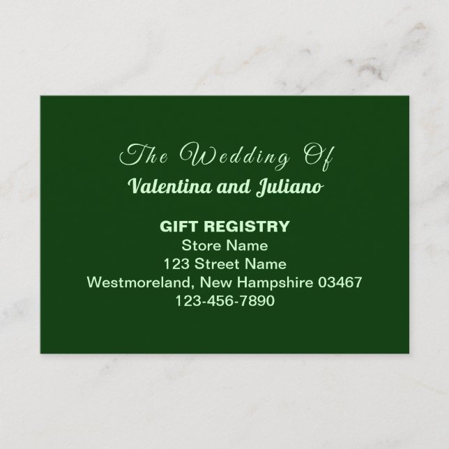 Dark Green Plain Text Wedding Gift Registry Enclosure Card (Front)