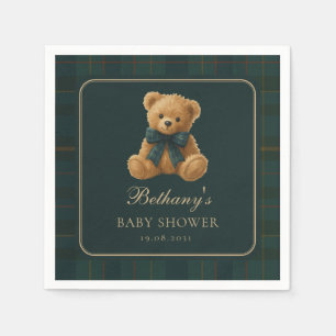 Dark Green Polo Tartan Teddy Bear Baby Shower Napkin