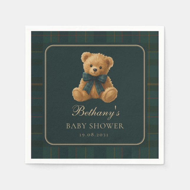 Dark Green Polo Tartan Teddy Bear Baby Shower Napkin (Front)