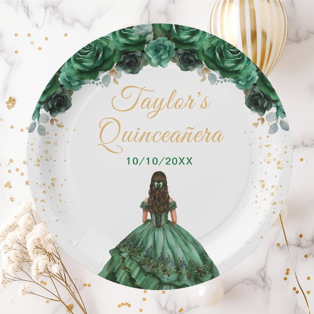 Dark Green Princess Floral Quinceañera Paper Plate (Creator Uploaded)