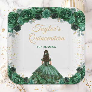 Dark Green Princess Floral Quinceañera Paper Plate