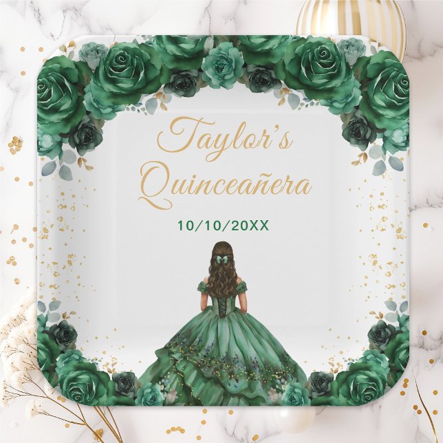 Dark Green Princess Floral Quinceañera Paper Plate (Creator Uploaded)