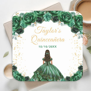 Dark Green Princess Floral Quinceañera Square Paper Coaster