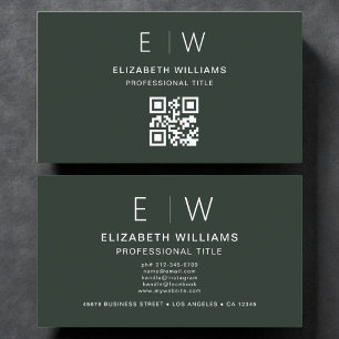Dark Green QR Code Monogram Minimalist Modern Business Card