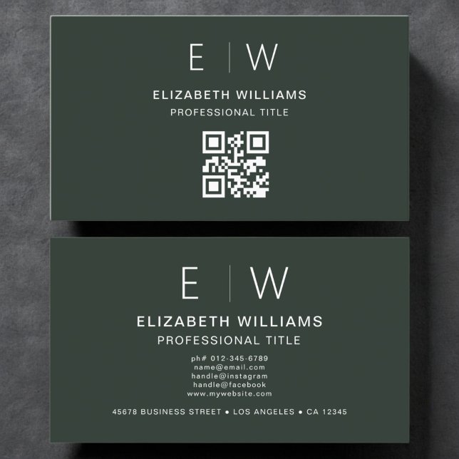 Dark Green QR Code Monogram Minimalist Modern Business Card (Creator Uploaded)