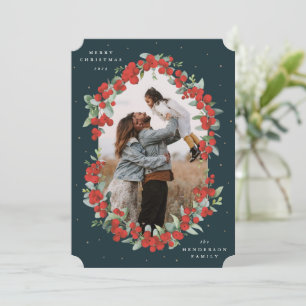 Dark Green Red Berries+Eucalyptus Christmas Photo Holiday Card