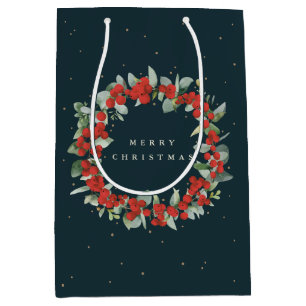 Dark Green Red Berry+Eucalyptus Christmas/Holiday Medium Gift Bag