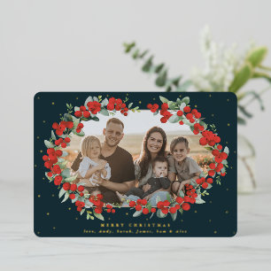 Dark Green Red Berry + Eucalyptus Christmas Photo Foil Holiday Card
