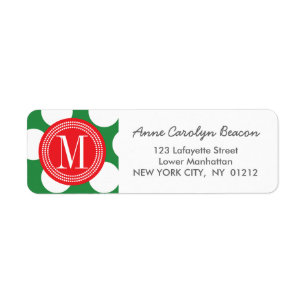 Dark Green & Red Big Polka Dots Monogrammed Return Address Label
