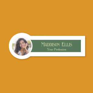 Dark Green Retro Typography Feminine Photo Name Tag