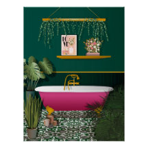 Dark Green Romantic Bathroom | Pink Bathtub Poster