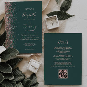 Dark Green Rose Gold Glitter QR Code Wedding Invitation