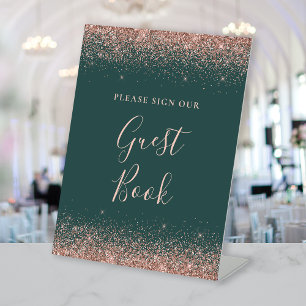 Dark Green Rose Gold Glitter Wedding Guest Book Pedestal Sign