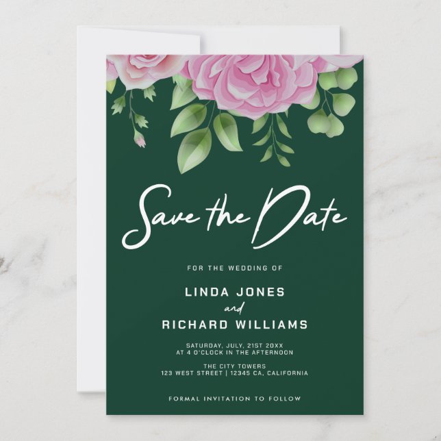 Dark Green Roses Save The Date Invitation (Front)