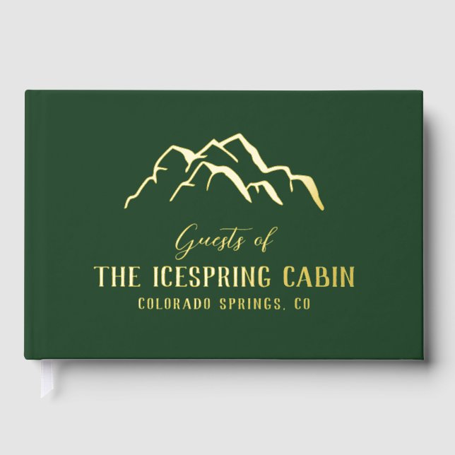 Dark Green Rustic Mountain Tops Cabin Guest Book (Front)
