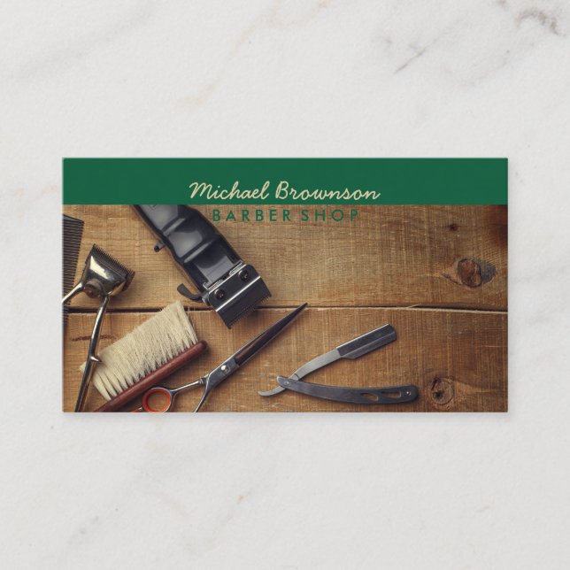 Dark Green Scissor Razor Barbershop Photo Business Card (Front)