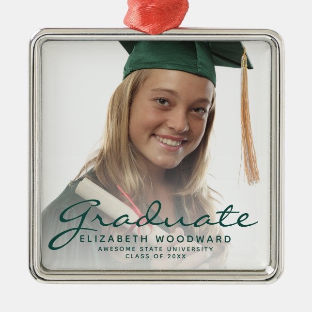 Dark Green Script Photo Graduation Keepsake Metal Ornament (Front)