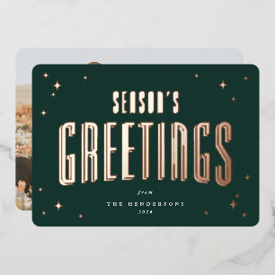 Dark Green Season's Greetings Retro Stars Photo Foil Holiday Card