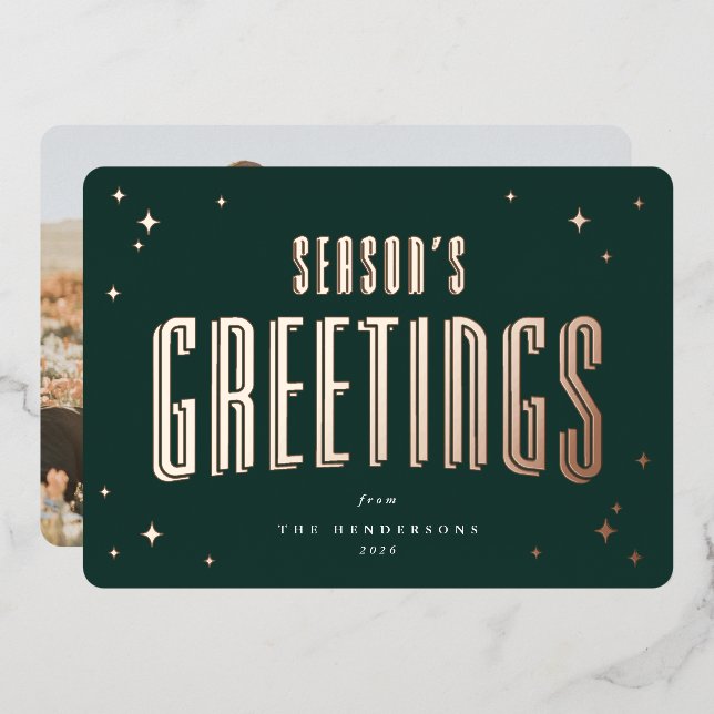 Dark Green Season's Greetings Retro Stars Photo  Foil Holiday Card (Front/Back)