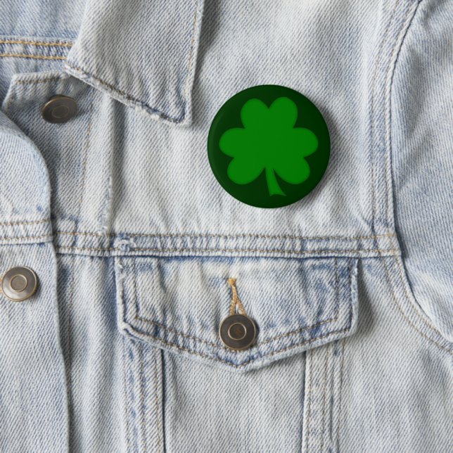 Dark Green Shamrock Shape St Paddys Day 6 Cm Round Badge (In Situ)