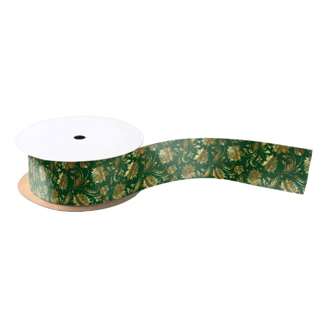 Dark-green & Shiny Gold Damask Pattern Satin Ribbon (Spool)