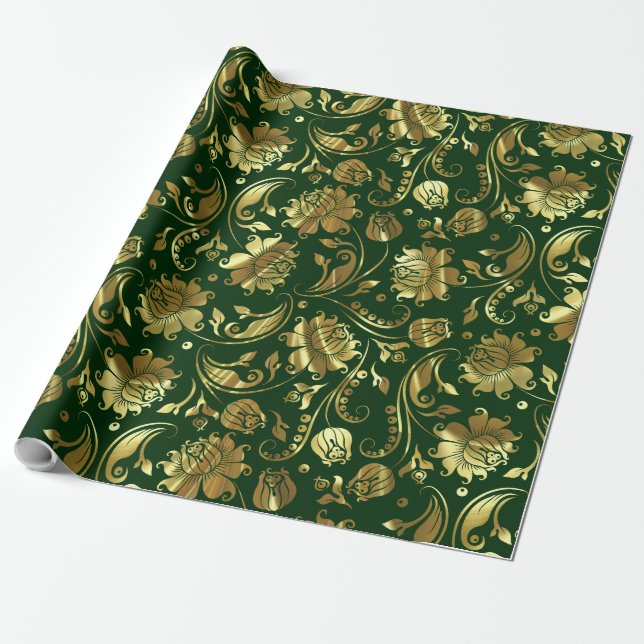 Dark Green & Shiny Gold Damask Pattern Wrapping Paper (Unrolled)