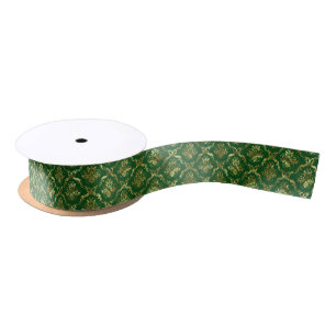 Dark Green & Shiny Gold Floral Damasks Satin Ribbon