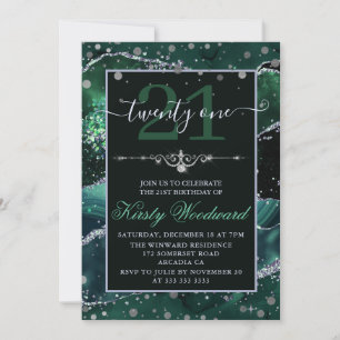 Dark Green & Silver Faux Glitter Agate Birthday Invitation