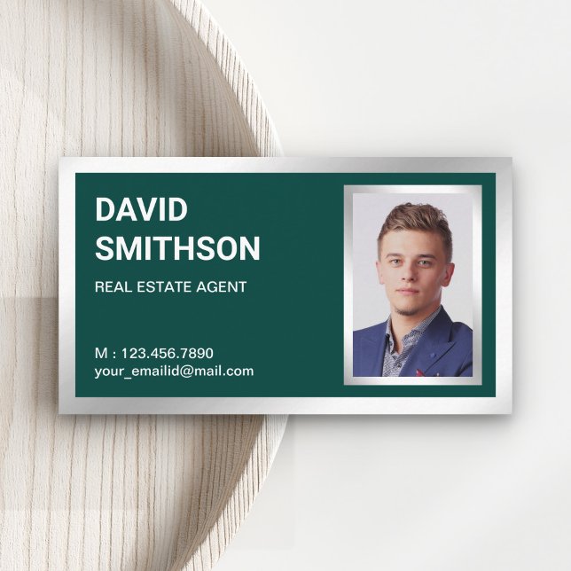 Dark Green Silver Foil Real Estate Realtor Photo Business Card (Creator Uploaded)