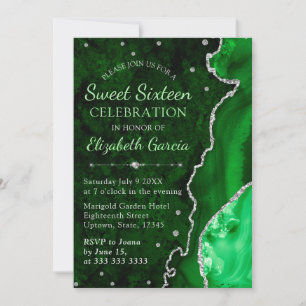 Dark Green & Silver Glitter Agate marble Sweet 16 Invitation