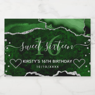 Dark Green & Silver Glitter Agate Marble Sweet 16 Sparkling Wine Label