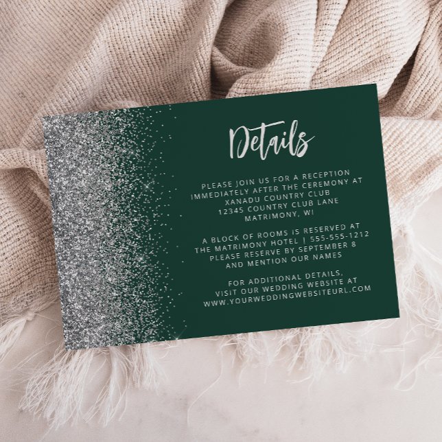 Dark Green Silver Glitter Script Wedding Details Enclosure Card (Creator Uploaded)
