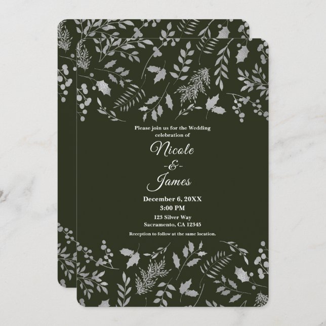 Dark Green & Silver Leaves Botanical Wedding Invitation (Front/Back)