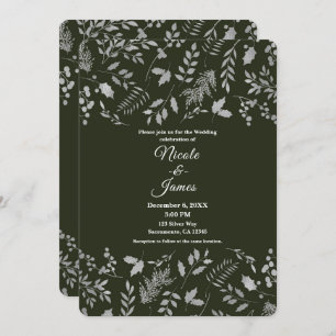 Dark Green & Silver Leaves Botanical Wedding Invitation