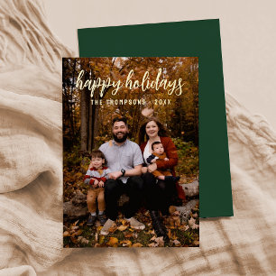 Dark Green Simple Photo "Happy Holidays" Script Foil Holiday Card