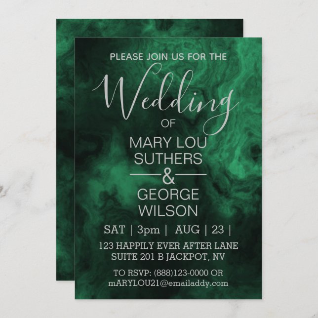 Dark Green Smoked Marble Wedding Invitation (Front/Back)