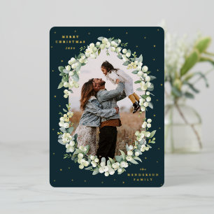 Dark Green Snowberry+Eucalyptus Christmas Photo Foil Holiday Card