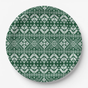 Dark Green Snowflake & Floral Fair Isle Christmas Paper Plate
