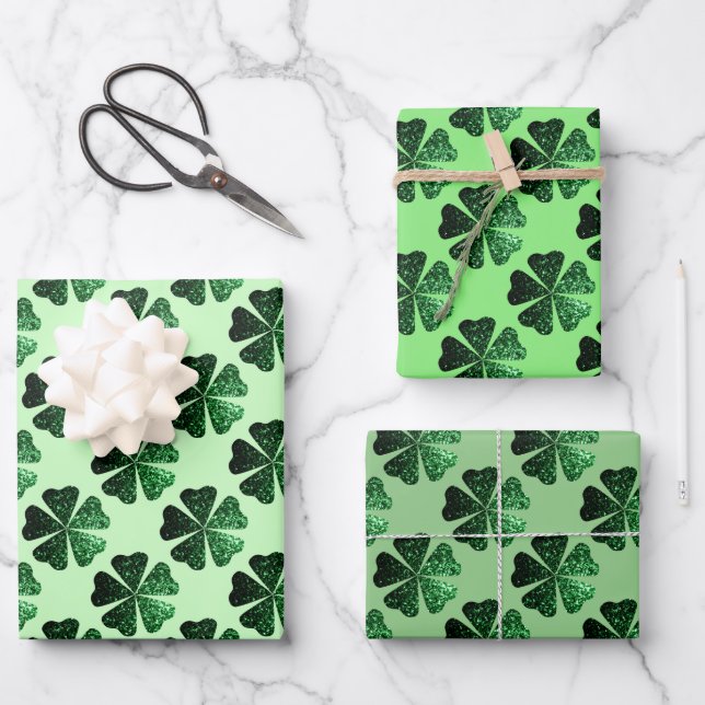 Dark Green sparkly Shamrock pattern 3 shades  Wrapping Paper Sheet (Front)