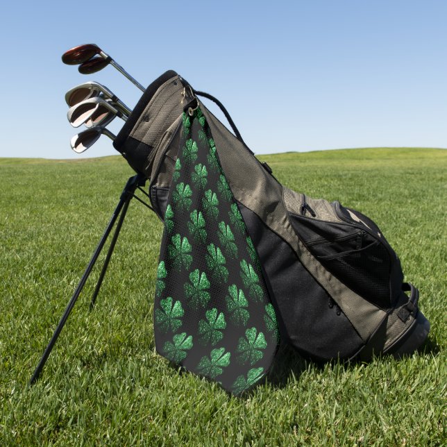 Dark Green sparkly Shamrock pattern on black Golf Towel (Green)